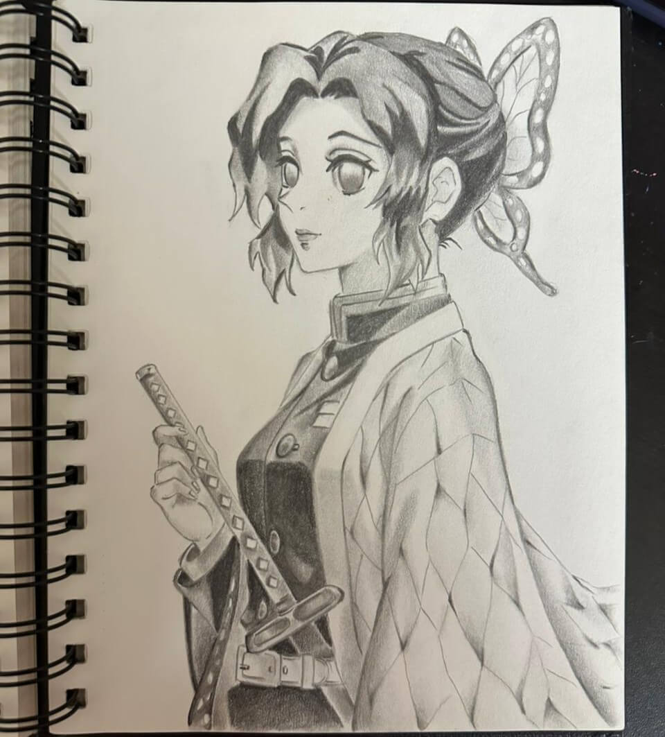 Capturing the Butterfly: A Pencil Sketch of Demon Slayer\'s Shinobu Kocho